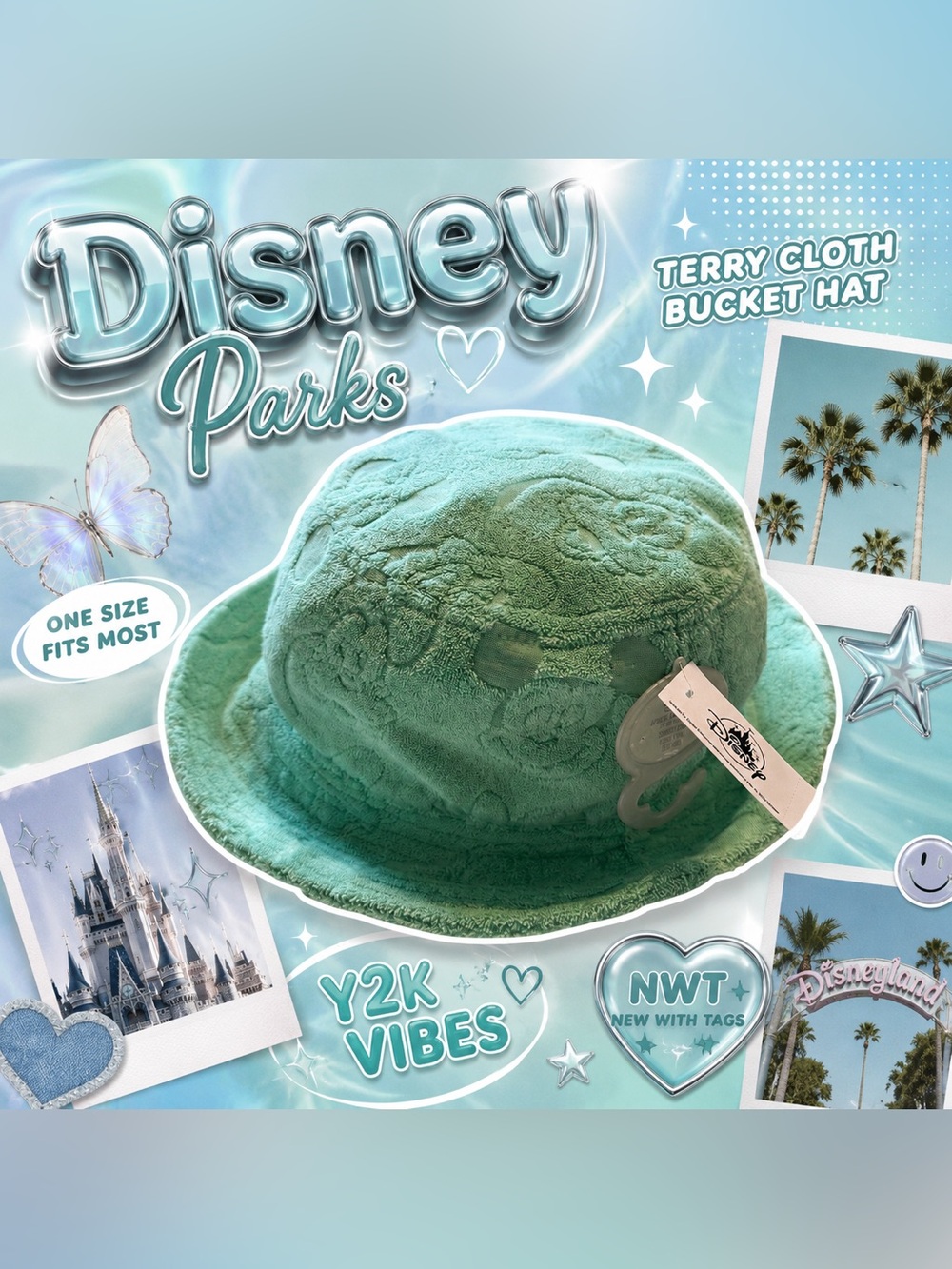 Disney Parks Terry Cloth Mickey Mouse Bucket Hat – Aqua Mint – One Size – NWT